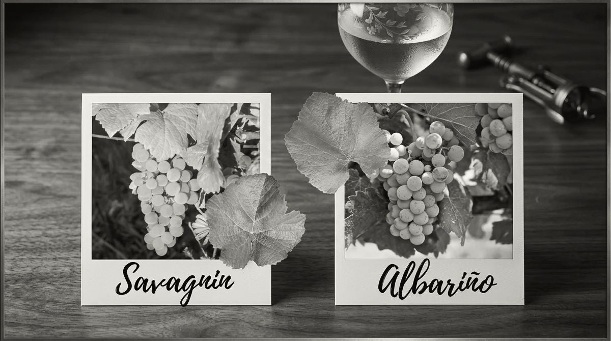 Photos of Savagnin and Albariño grape bunches with leaves on wooden table with wine glass