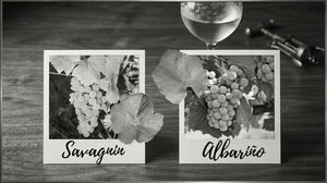 Photos of Savagnin and Albariño grape bunches with leaves on wooden table with wine glass