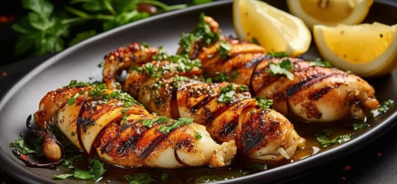 Grilled stuffed whole calamari with lemon and herbs