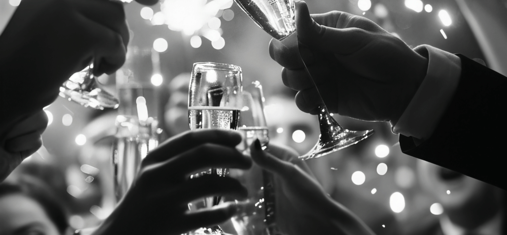 People clinking champagne glasses in a festive setting with blurred lights in the background
